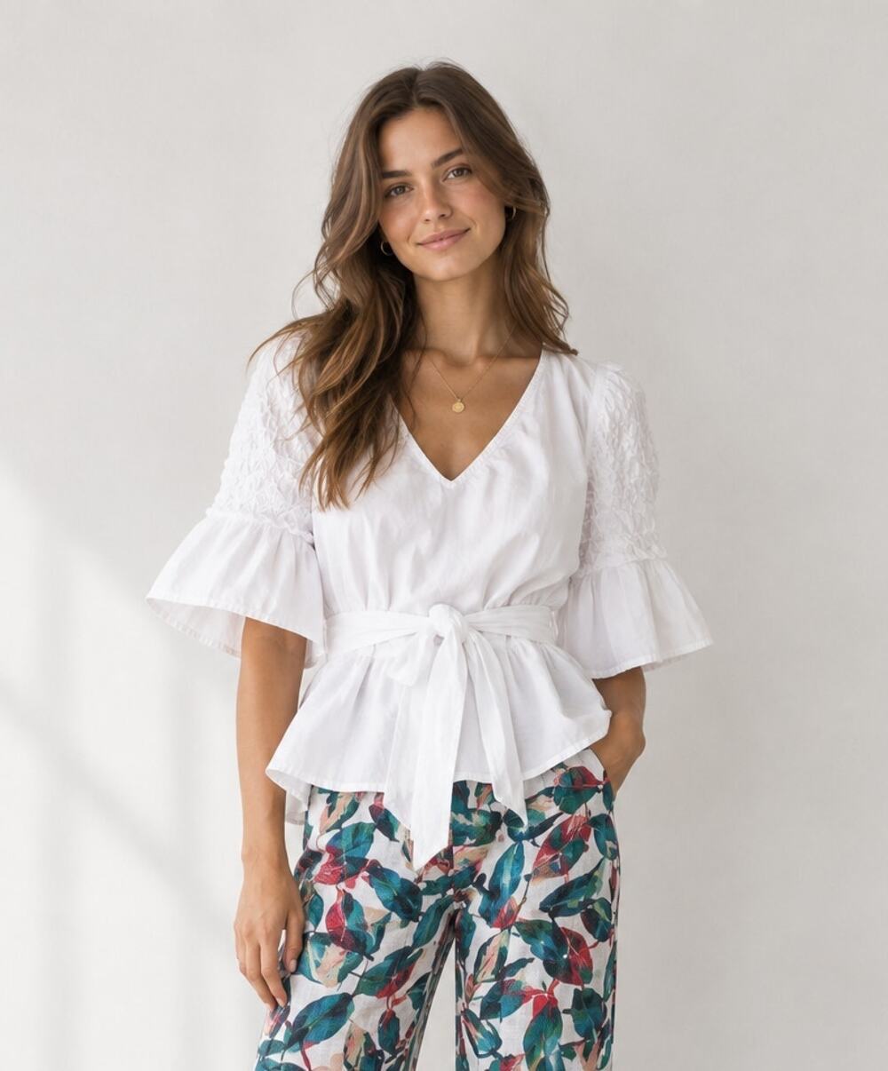 Kaari Blue White Cotton Top Sz 8 Ruffle Sleeve Preppy Coastal